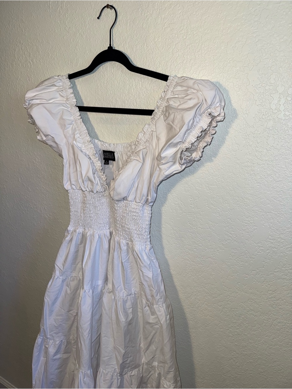Danielle Bernstein White Tiered Poplin Smocked Bodice Puff Sleeve Midi Dress L - Picture 7 of 13